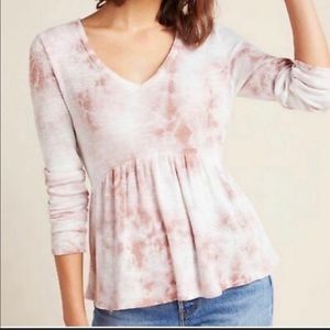 Anthropologie T.la pink tie dye peplum pink top long sleeve v neck tee